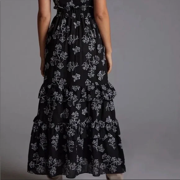 Anthropologie Especia Navy White Floral Embroidered Ruffle Maxi Dress Medium NWT - Picture 7 of 12